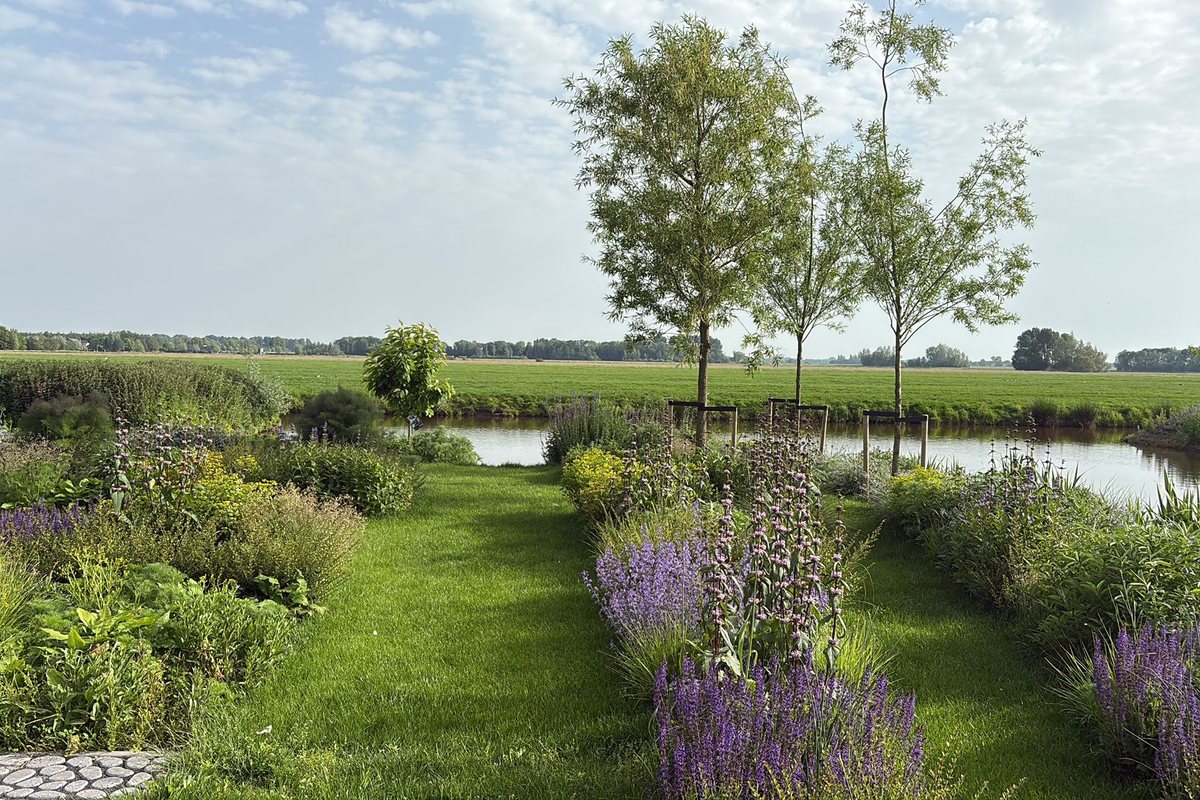 Bovenaanzicht van de tuin in het polderlandschap