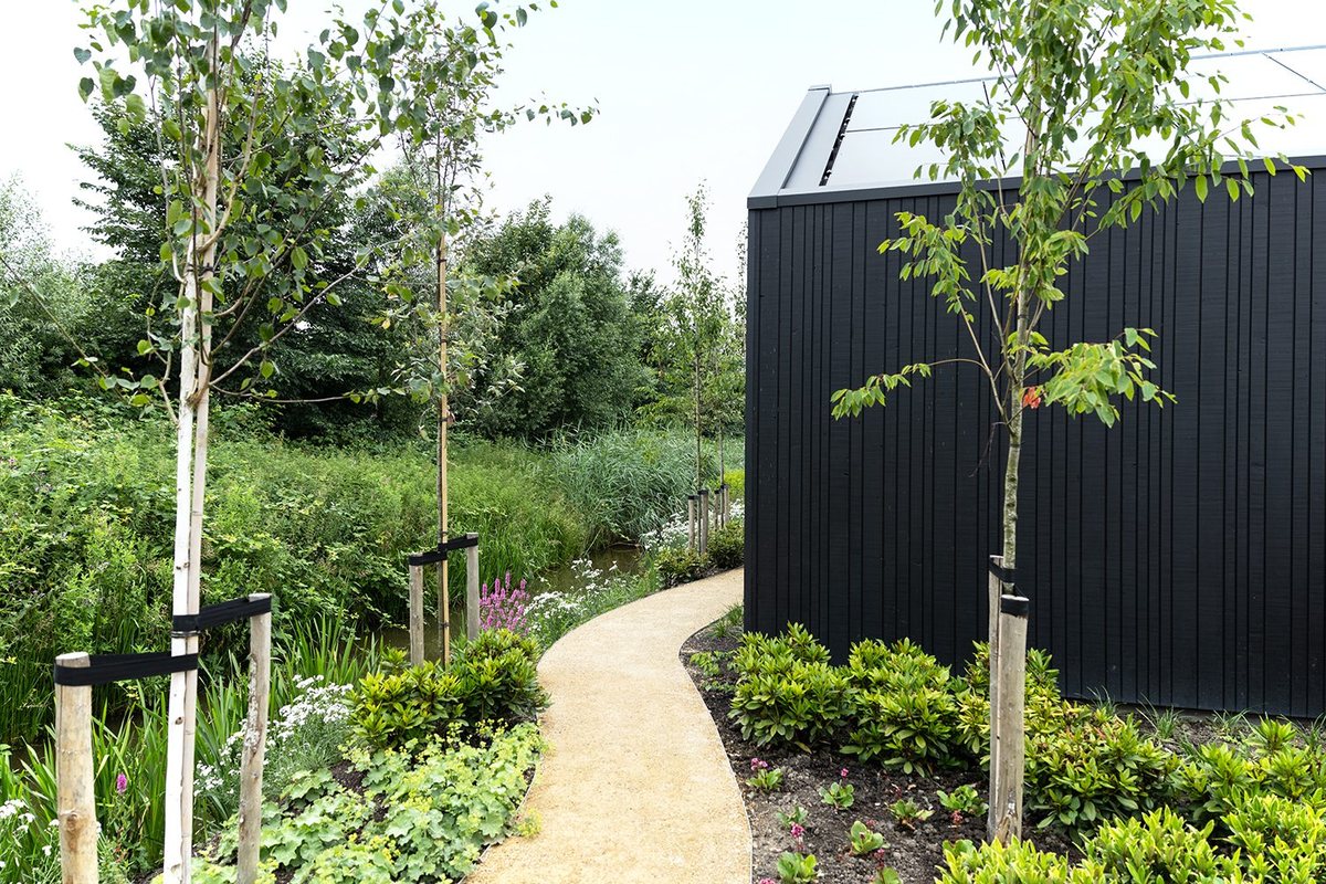 Slingerend Dololux-pad door de borders langs de stucwand
