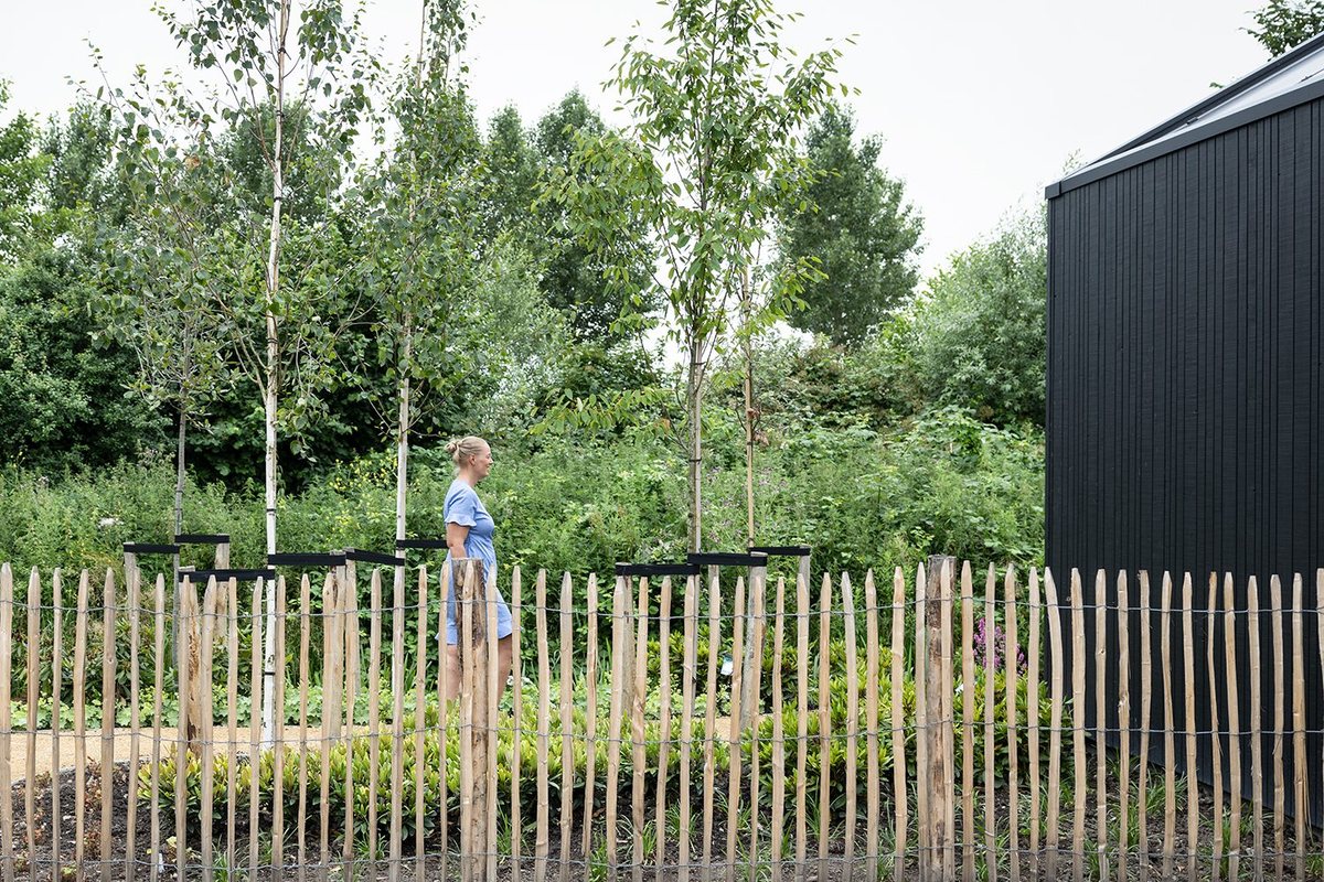 Kastanjehouten hekwerk met bomen langs de moderne villa