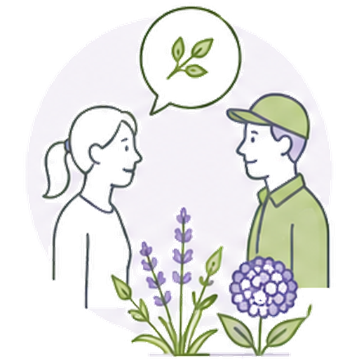 Illustratie van een hovenier in gesprek met een klant tussen de lavendel