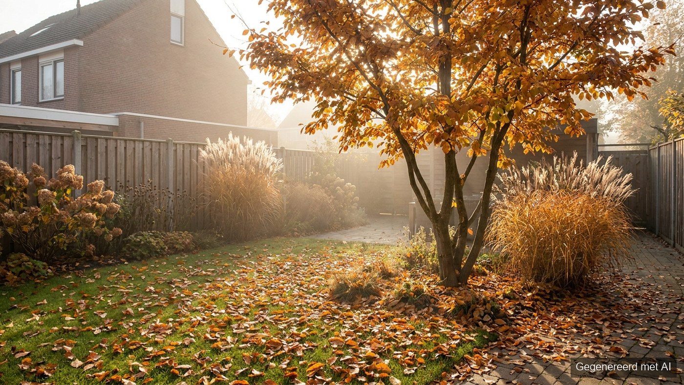 Nederlandse achtertuin in het najaar met herfstkleuren, uitgebloeide siergrassen en blad op het gazon
