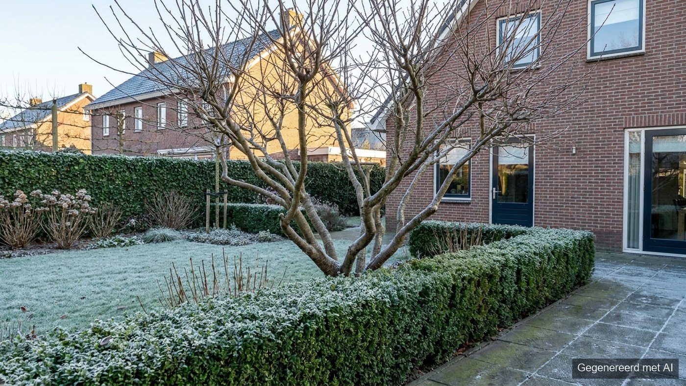 Nederlandse achtertuin in de winter met rijp op het gazon en een kale meerstammige boom