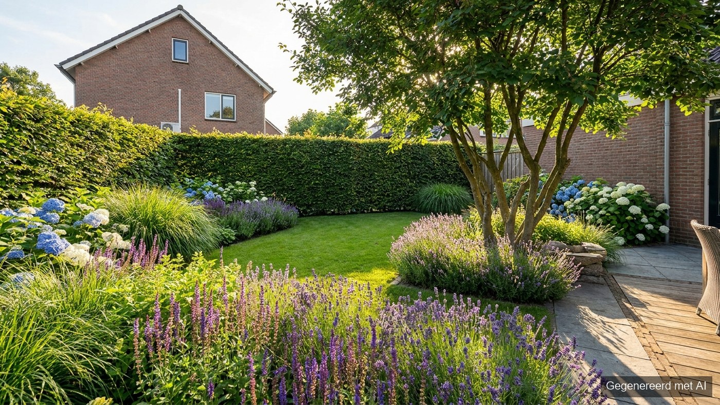 Nederlandse achtertuin in de zomer met volle borders, siergrassen in bloei en een groen gazon
