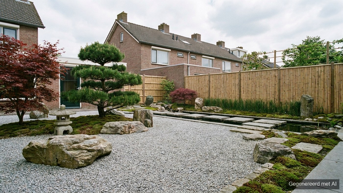 Japanse tuin met grind, natuursteenkeien, een Japanse esdoorn en een stenen lantaarn