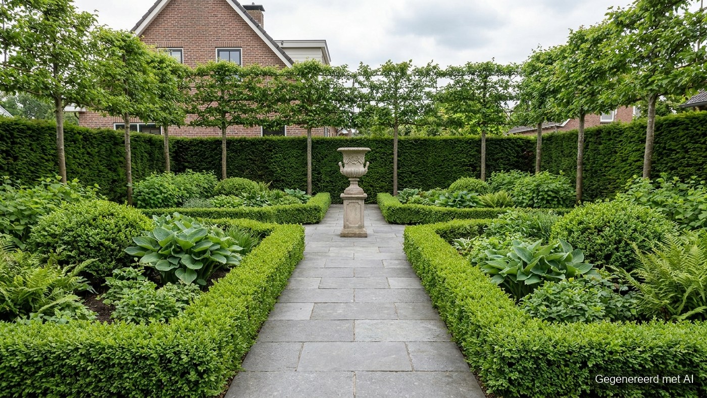 Klassieke tuin met symmetrische buxushagen, leibomen en een stenen tuinvaas op een sokkel
