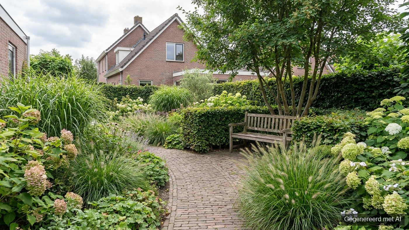 Landelijke tuin met weelderige borders, een klinkerpad en een houten bankje onder een boom