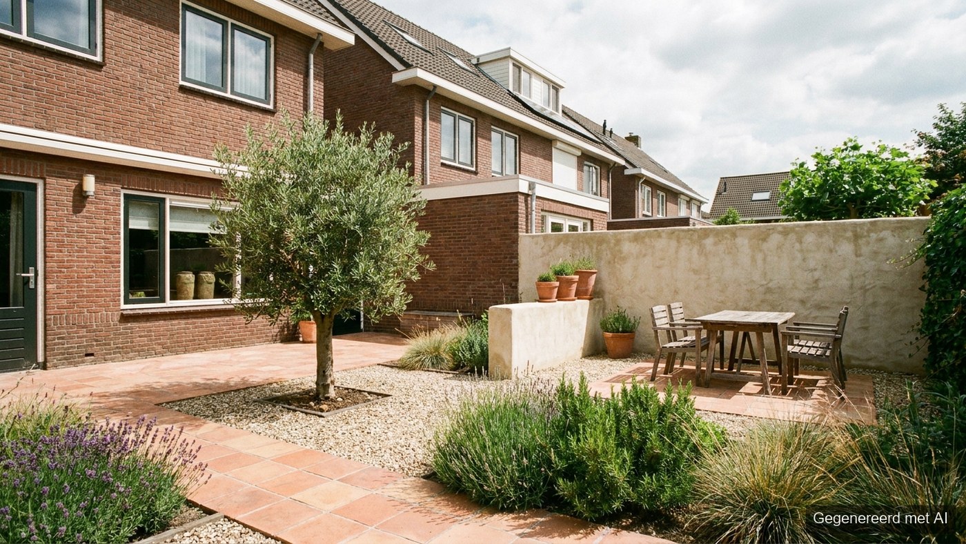 Mediterrane tuin met olijfboom, lavendel, grind en een terras van terracotta tegels