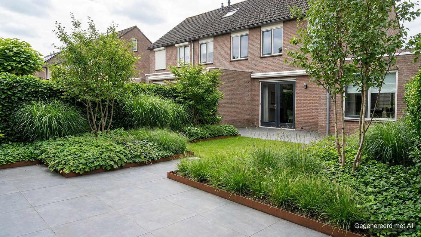 Onderhoudsvriendelijke tuin met siergrassen, bodembedekkers en een strak tegelterras