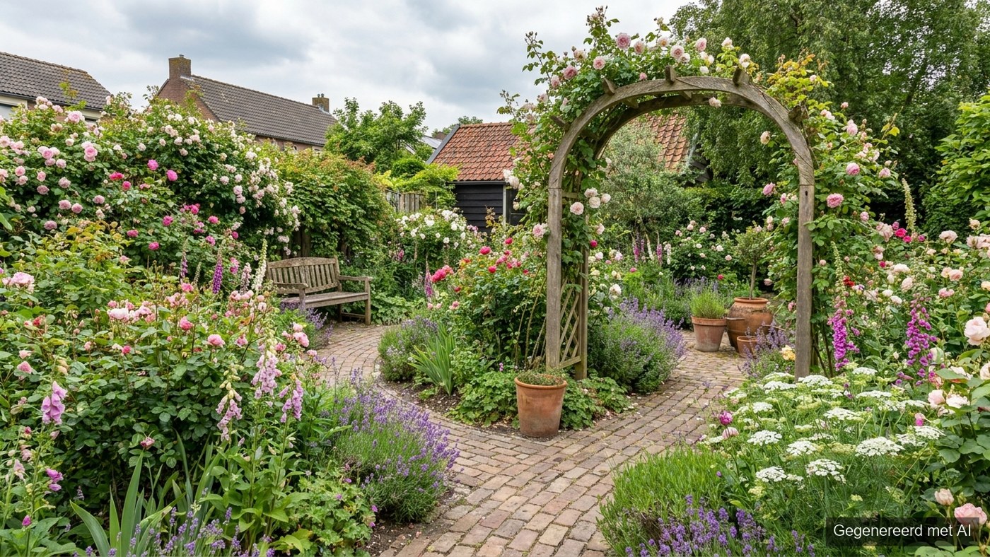 Romantische tuin met rozenboog, kronkelend pad en volle borders met rozen en lavendel