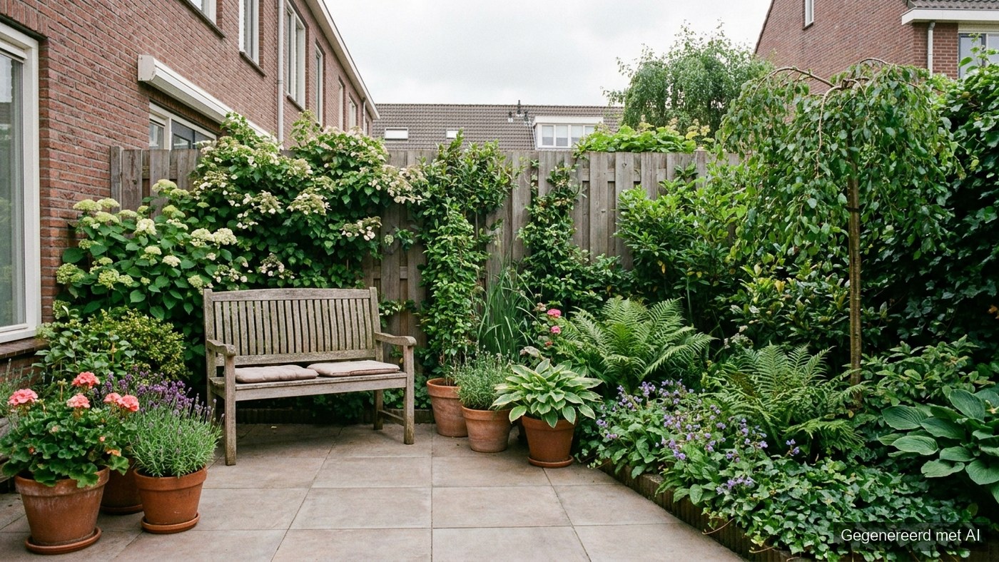 Compacte stadstuin achter een rijtjeshuis met kuipplanten, hortensia en een houten bankje